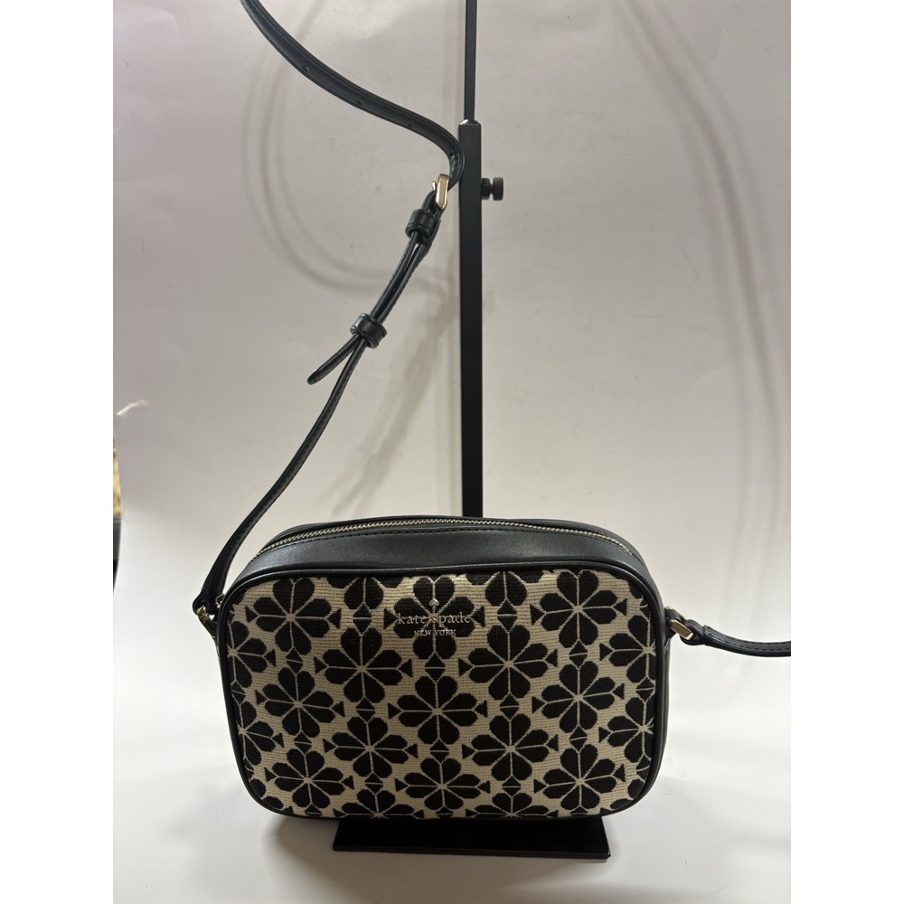 Kate Spade Spade Flower Jacquard Camera Crossbody Bag Black Cream Leather Trim